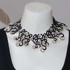 Vintage Kenneth Jay Lane KJL Black Enamel & Crystal Choker Necklace